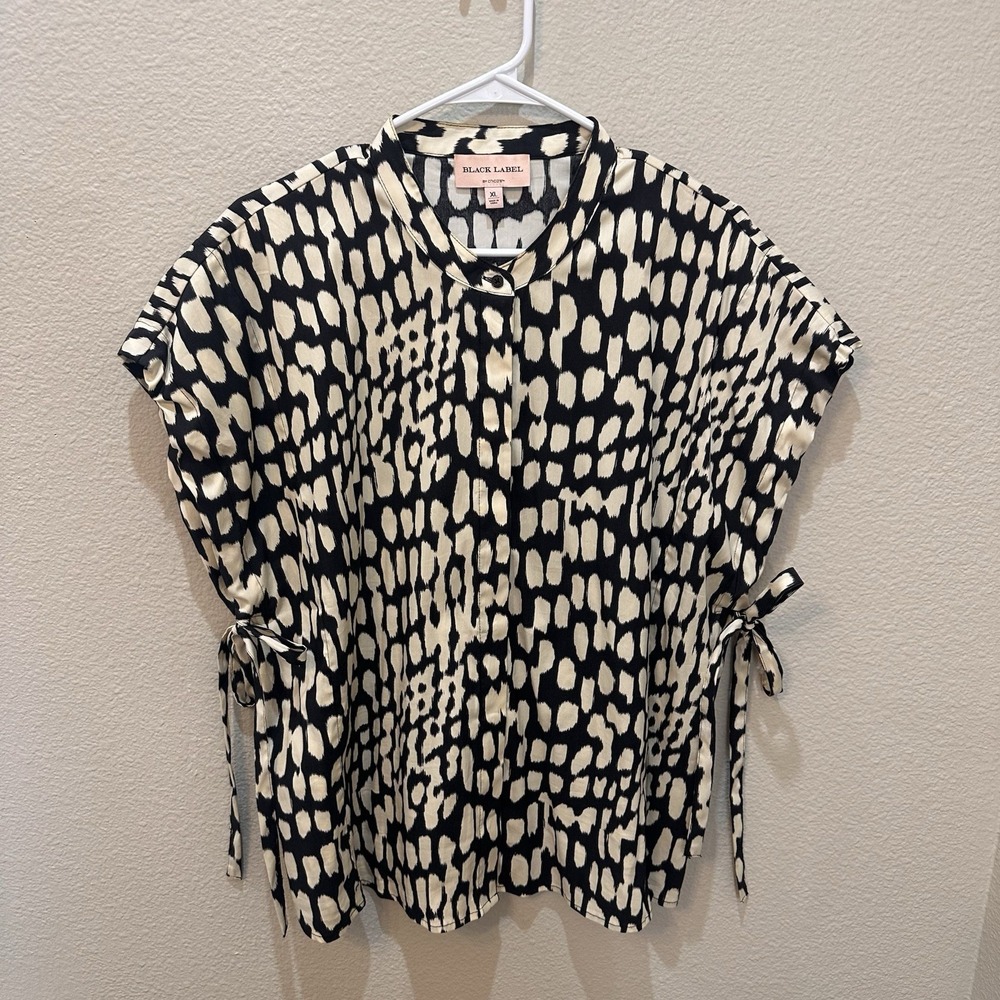 Black‎ Label Chicos Geometric Black Cream Side Tie Blouse Top XL Chic Mature